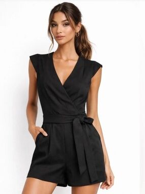 RACHEL Rachel Roy Black Satin Wrap Dressy Romper Waist Tie | Size: 10/12